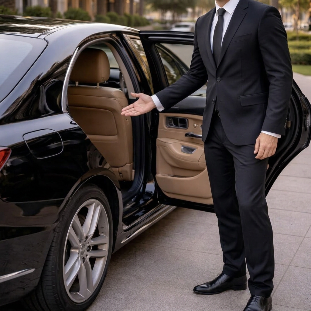 Mercedes-Benz chauffeur opening the door for an hourly hire client